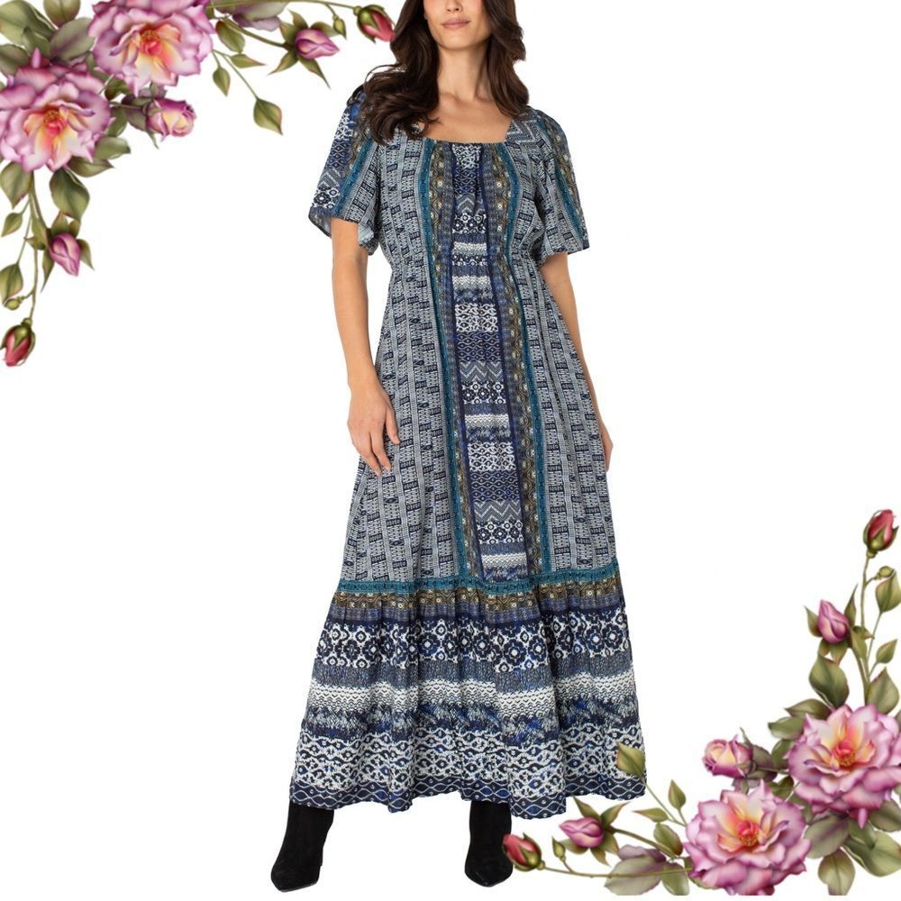 Liverpool Elbow Sleeve Square Neck Woven Maxi Dress bohemian style size small